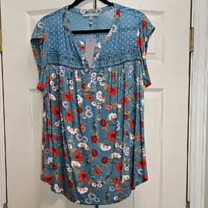 Daniel Rainn Teal Floral Lace-Trim Short Sleeve Tunic
